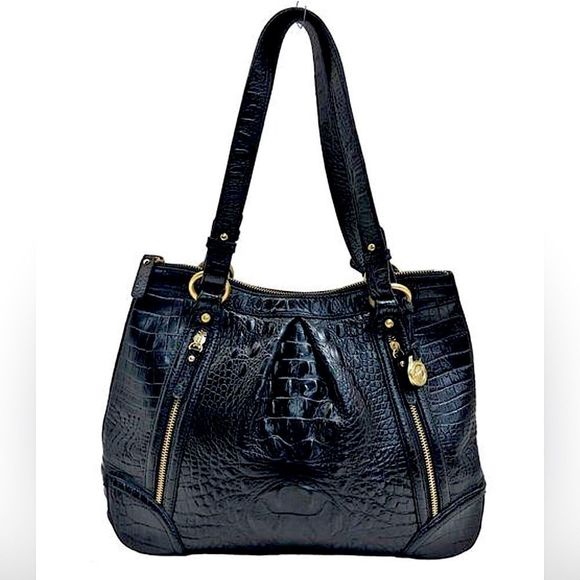 BRAHMIN Black Selma Croc Embossed Leather Pleated Shoulder Tote Bag Top Zipper - Picture 3 of 17